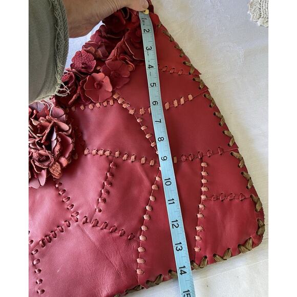 Wabags Genuine Leather Appliqué Flower Tote Handbag Red 3 D Design Shoulder Bag - Picture 8 of 10